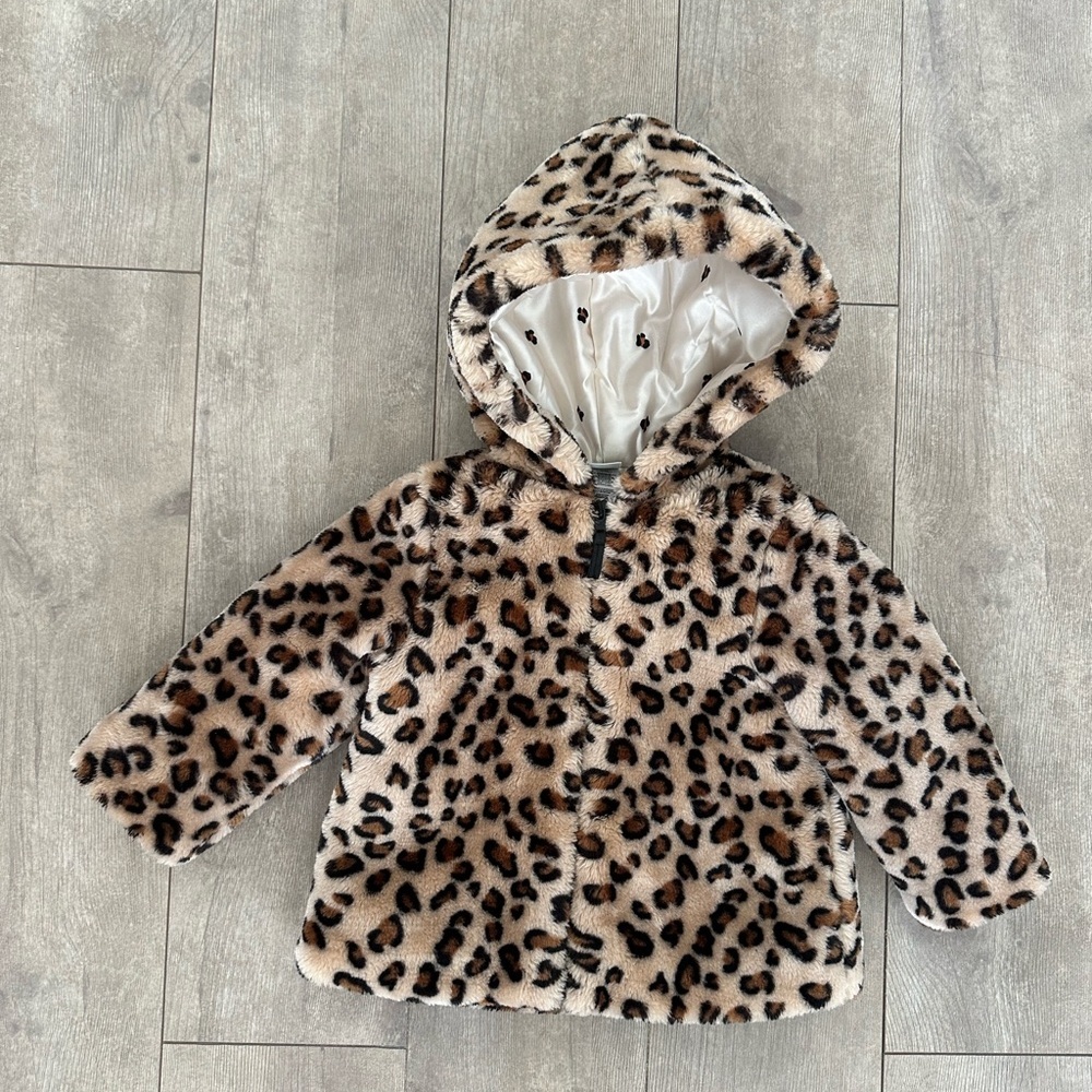 New Little Me Leopard Print Faux Fur Jacket Hoodie Coat Warm Baby Girl Size 18 M - Picture 10 of 16